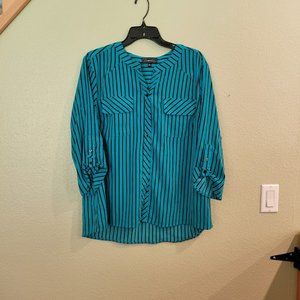 Cyan & Black Stripes Button Down Blouse